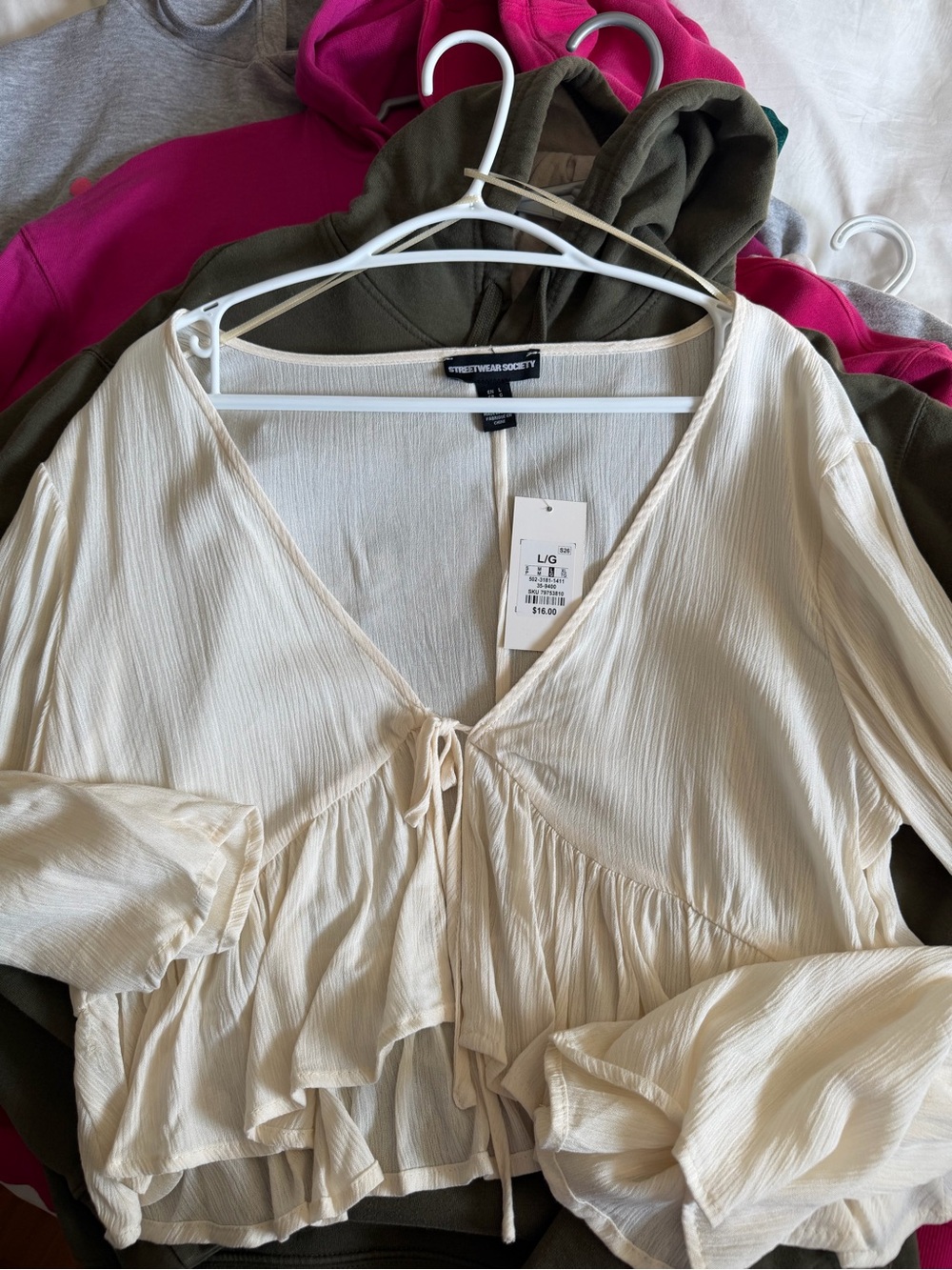 Streetwear Society Ivory Tie-Front Ruffle Blouse